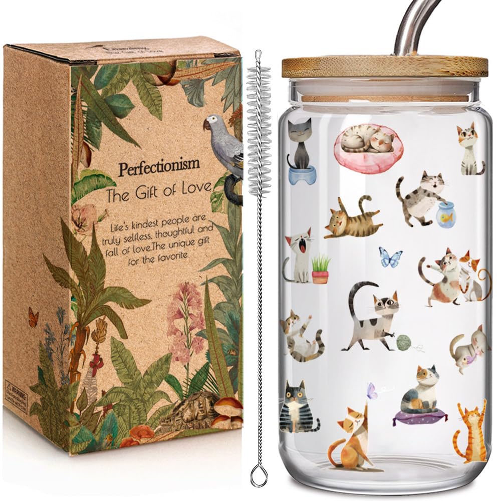 Enanaimg vaso gato vidrio con tapa: ideal para bebidas y presentaciones divertidas.
