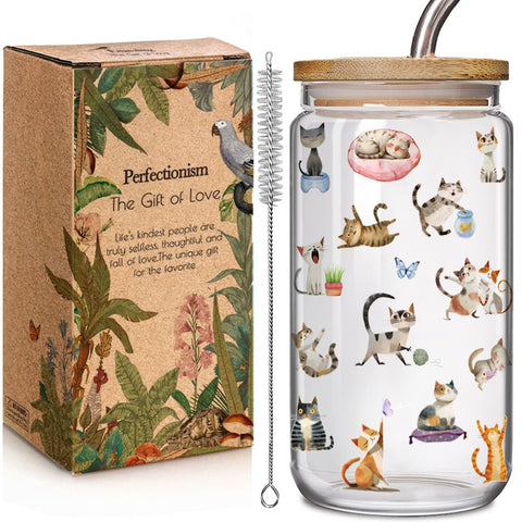 Enanaimg vaso gato vidrio con tapa: ideal para bebidas y presentaciones divertidas.