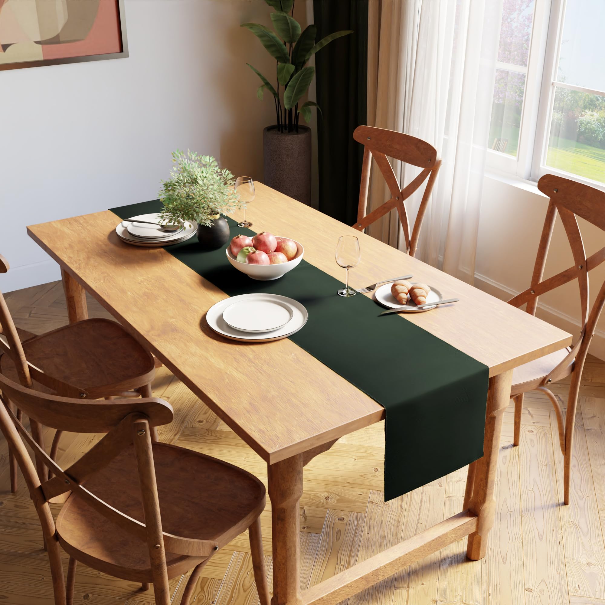 Encasa XO mantel verde oscuro, tono profundo, contraste cálido con la madera