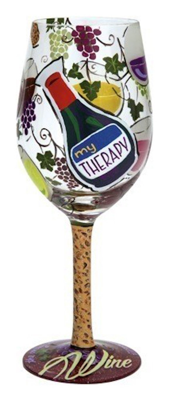 Vaso de vino pintado a mano Enesco Diseños de Lolita Mi Terapia, ideal para celebraciones entre amigas.
