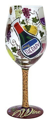 Vaso de vino pintado a mano Enesco Diseños de Lolita Mi Terapia, ideal para celebraciones entre amigas.