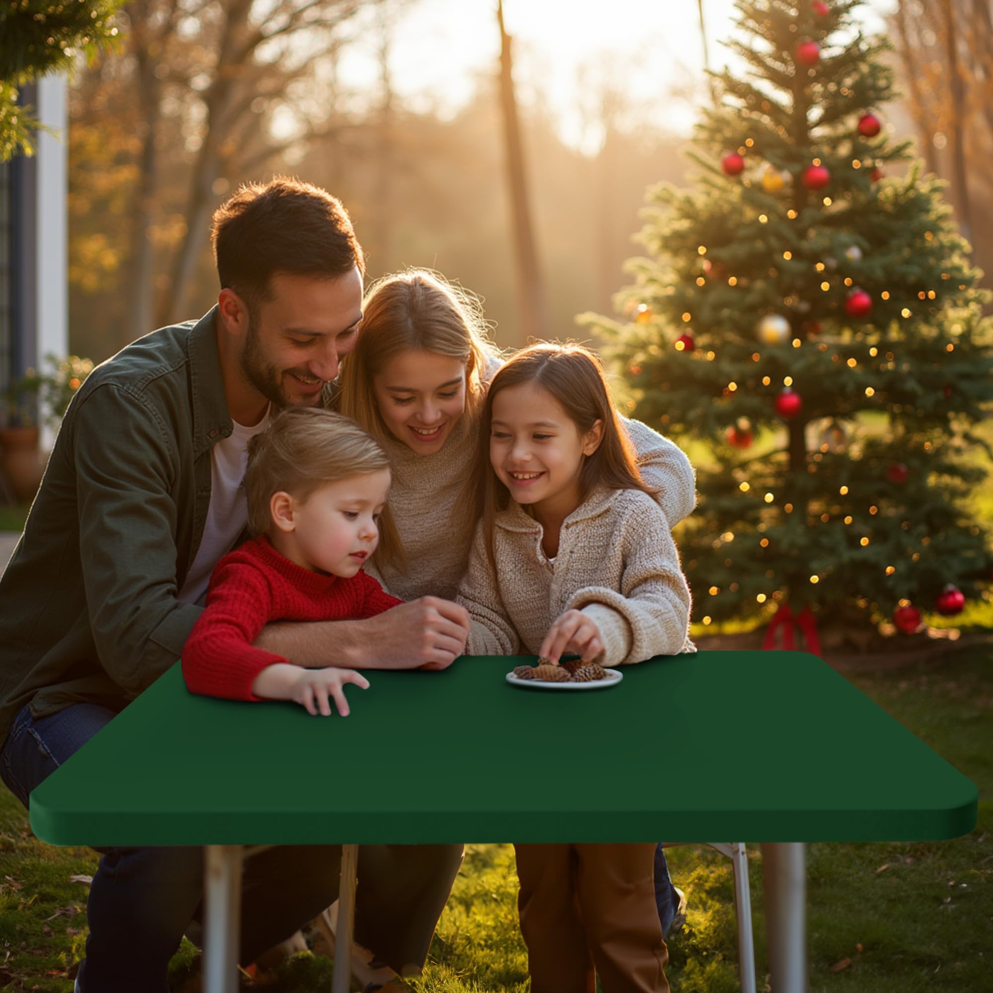 Mantel verde bosque realza la mesa y combina con decoraciones festivas.