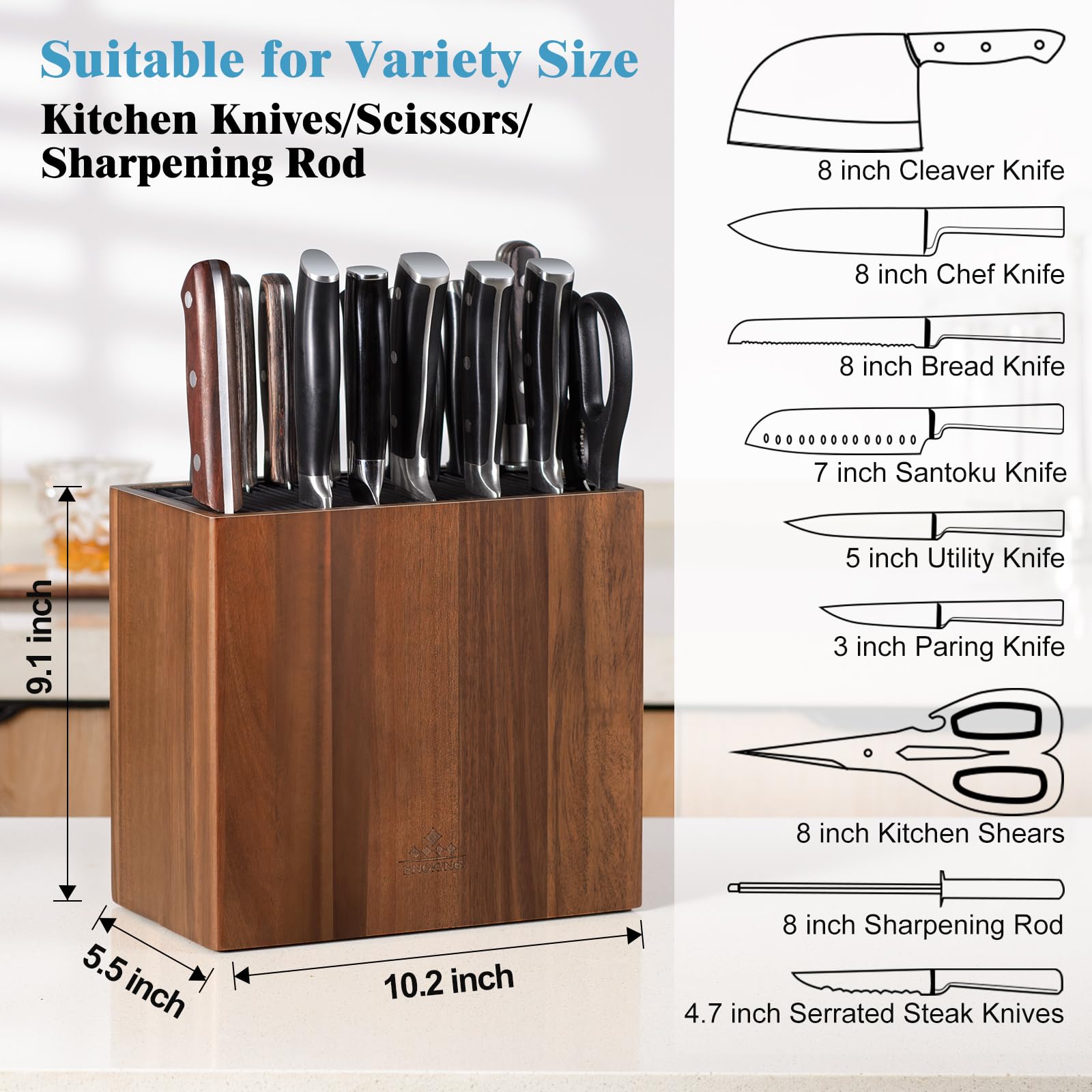 ENOKING porta-cuchillos de acacia XXL, base antideslizante para estabilidad.