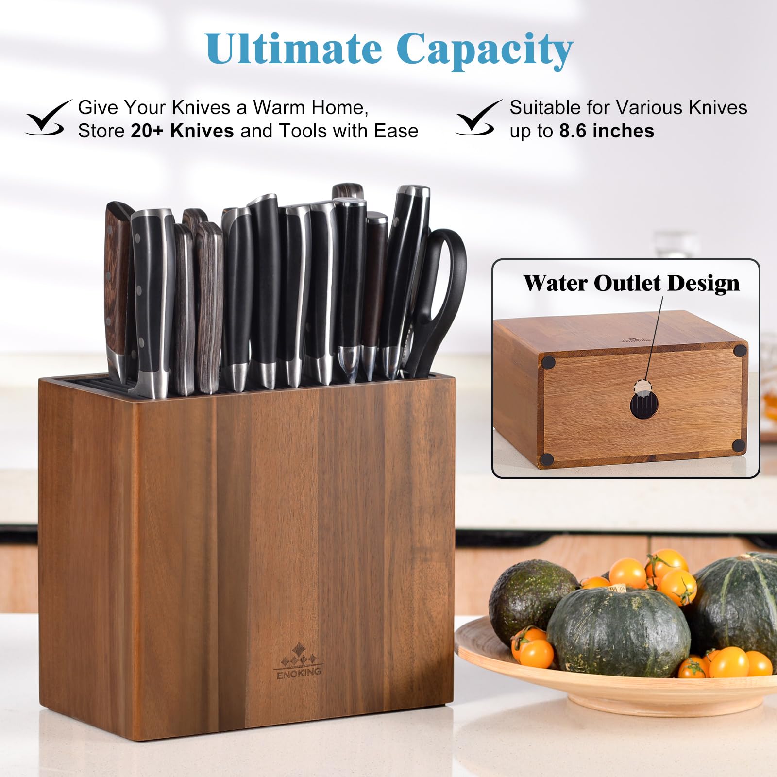 ENOKING porta-cuchillos de acacia XXL, drenajes para facilitar limpieza.