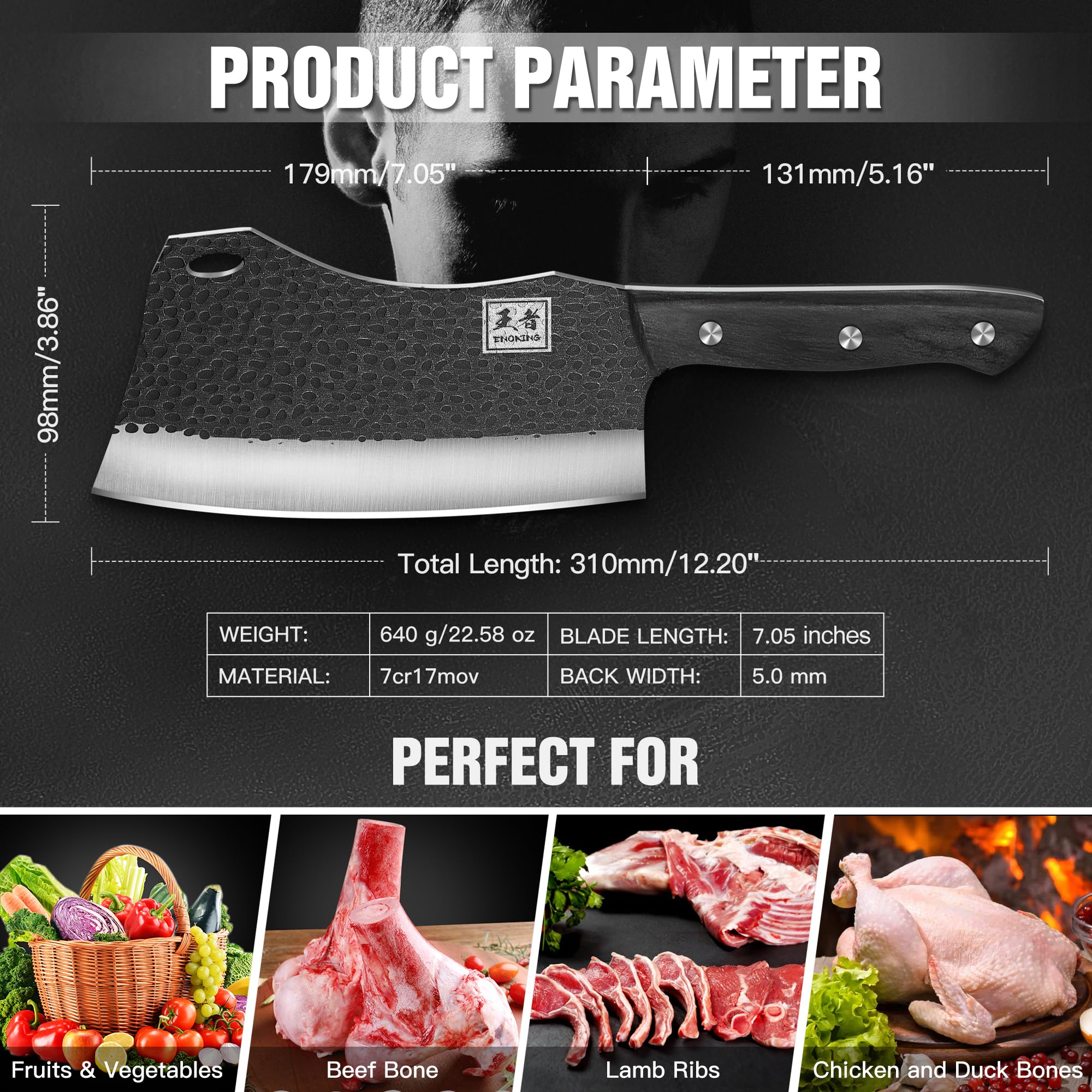 ENOKING cuchillo carnicero 7,1 pulgadas, espiga completa para mayor durabilidad y seguridad.