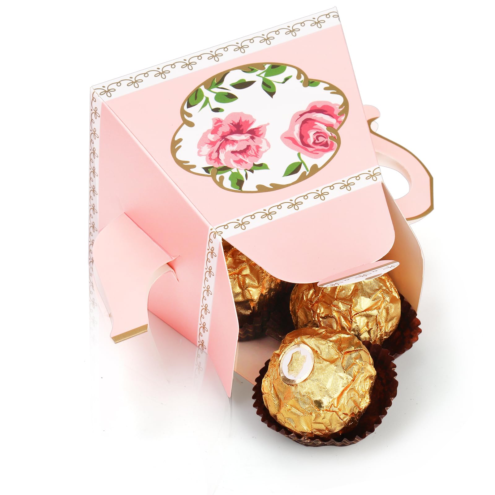 Cajas dulces tetera para boda, motivo floral y rosa.