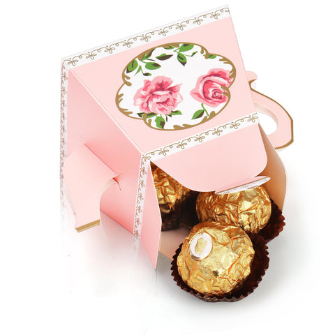 Cajas dulces tetera para boda, motivo floral y rosa.