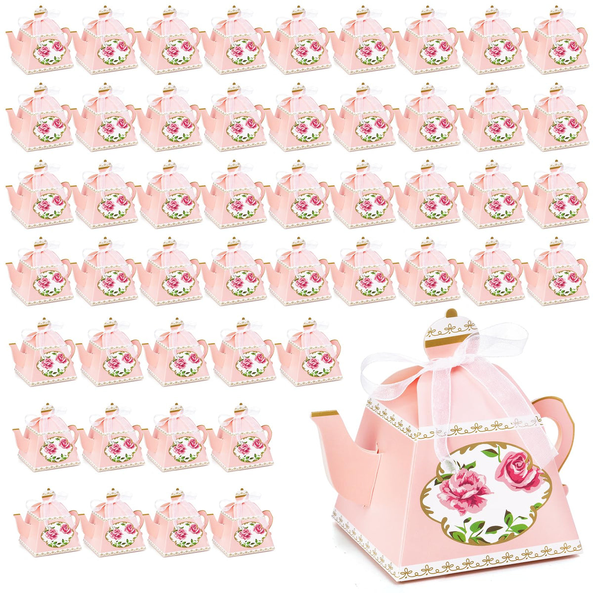Cajas dulces Eorbow en tetera rosa con lazo para recuerdos elegantes.