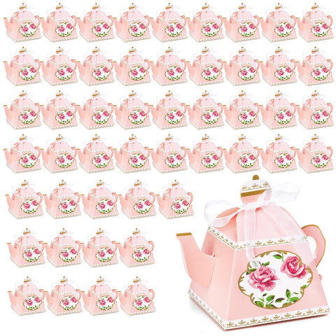 Cajas dulces Eorbow en tetera rosa con lazo para recuerdos elegantes.