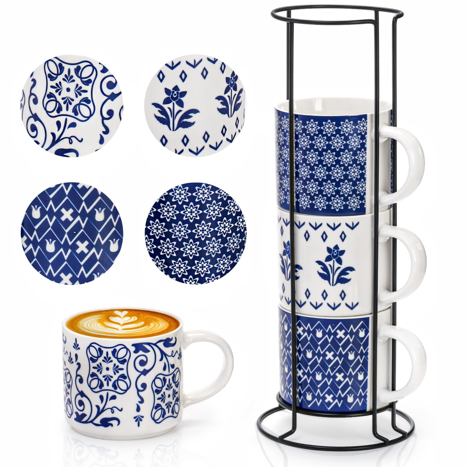 Conjunto Eorbow de tazas cerámicas 16 onzas con rack para ordenar.
