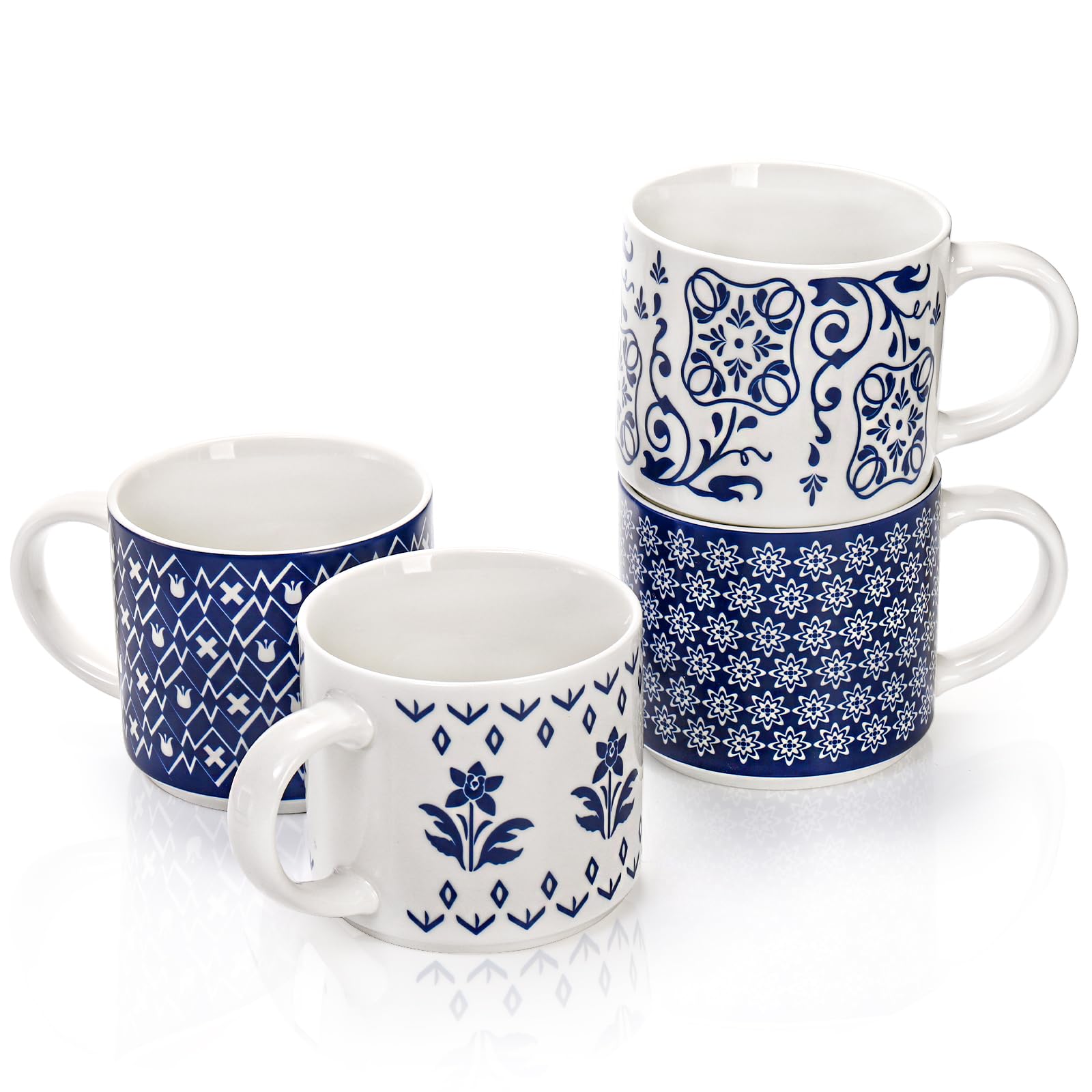 Tazas cerámicas Eorbow azul y blanco con asas grandes.