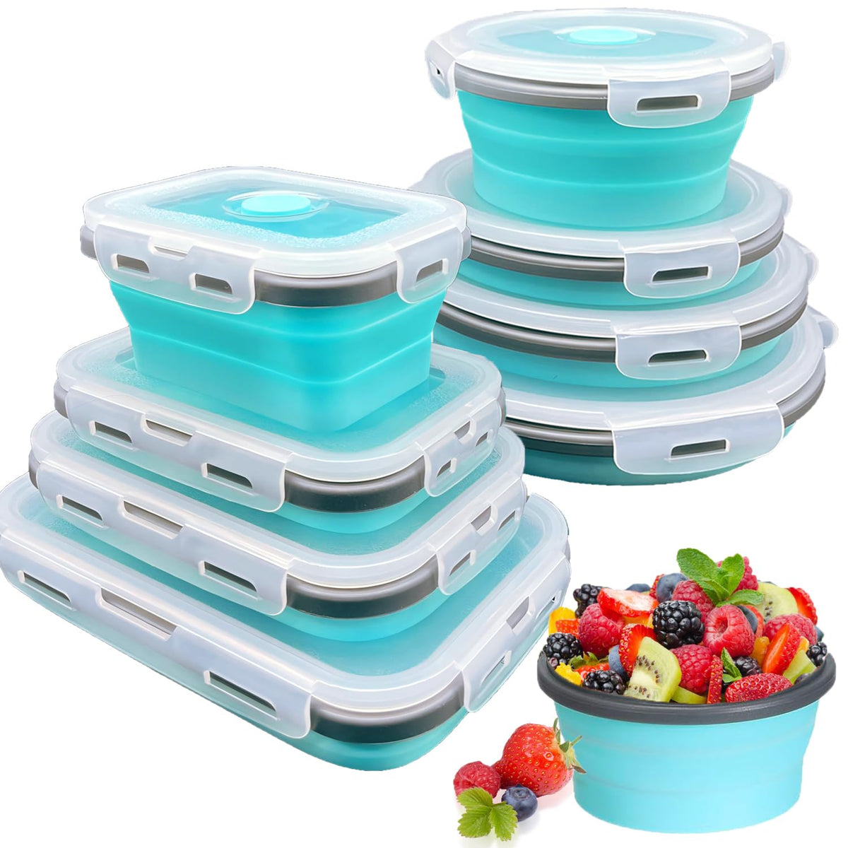 Epinke 8 contenedores plegables azules con tapas para ahorro de espacio en la cocina.