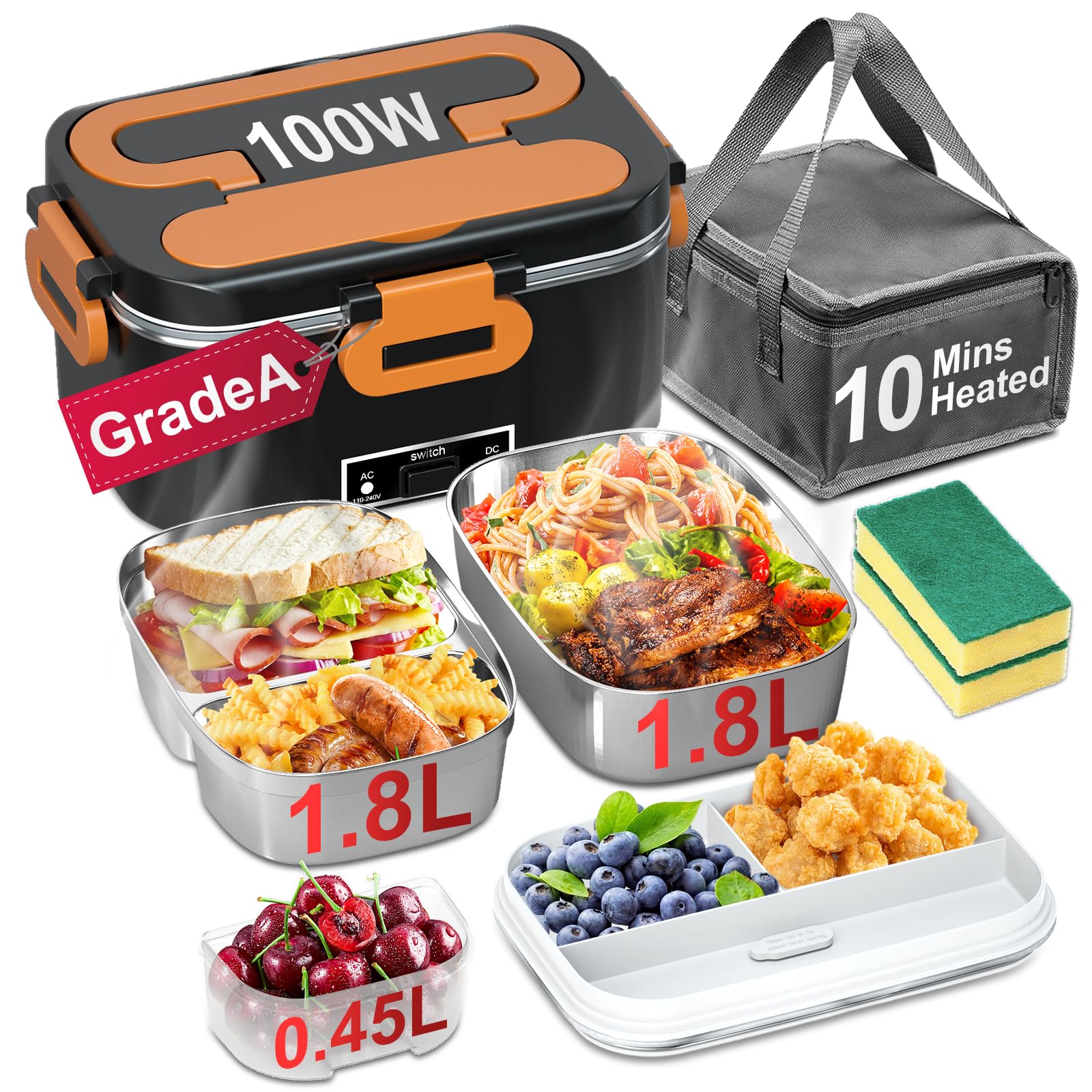 Epinovo lunch box eléctrico con dos contenedores de 1.8L para almuerzos variados.