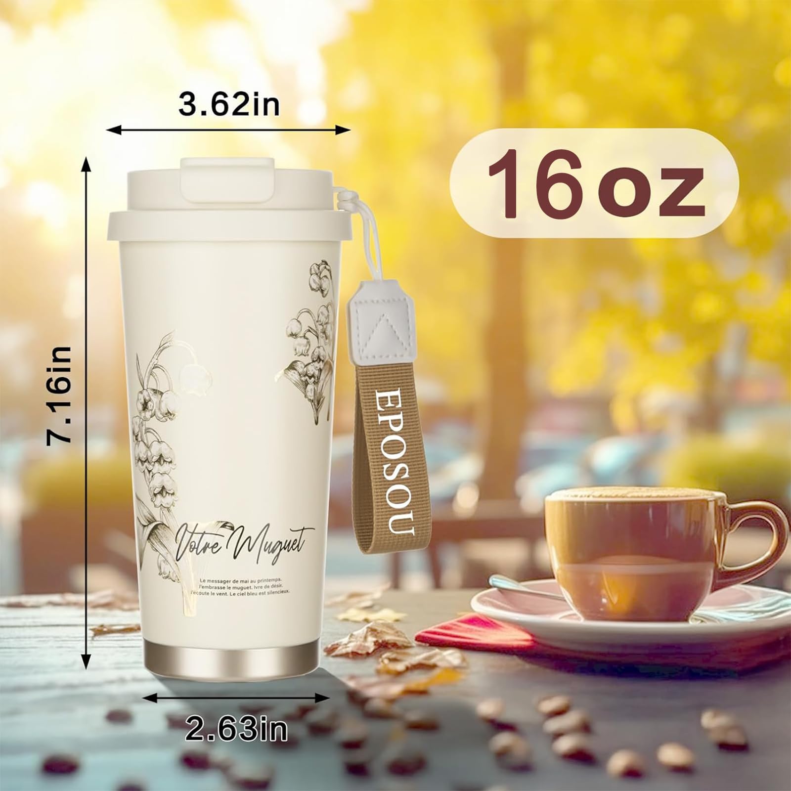 EPOSOU Creamy Lily aislamiento doble-pared conserva bebidas frías o calientes.