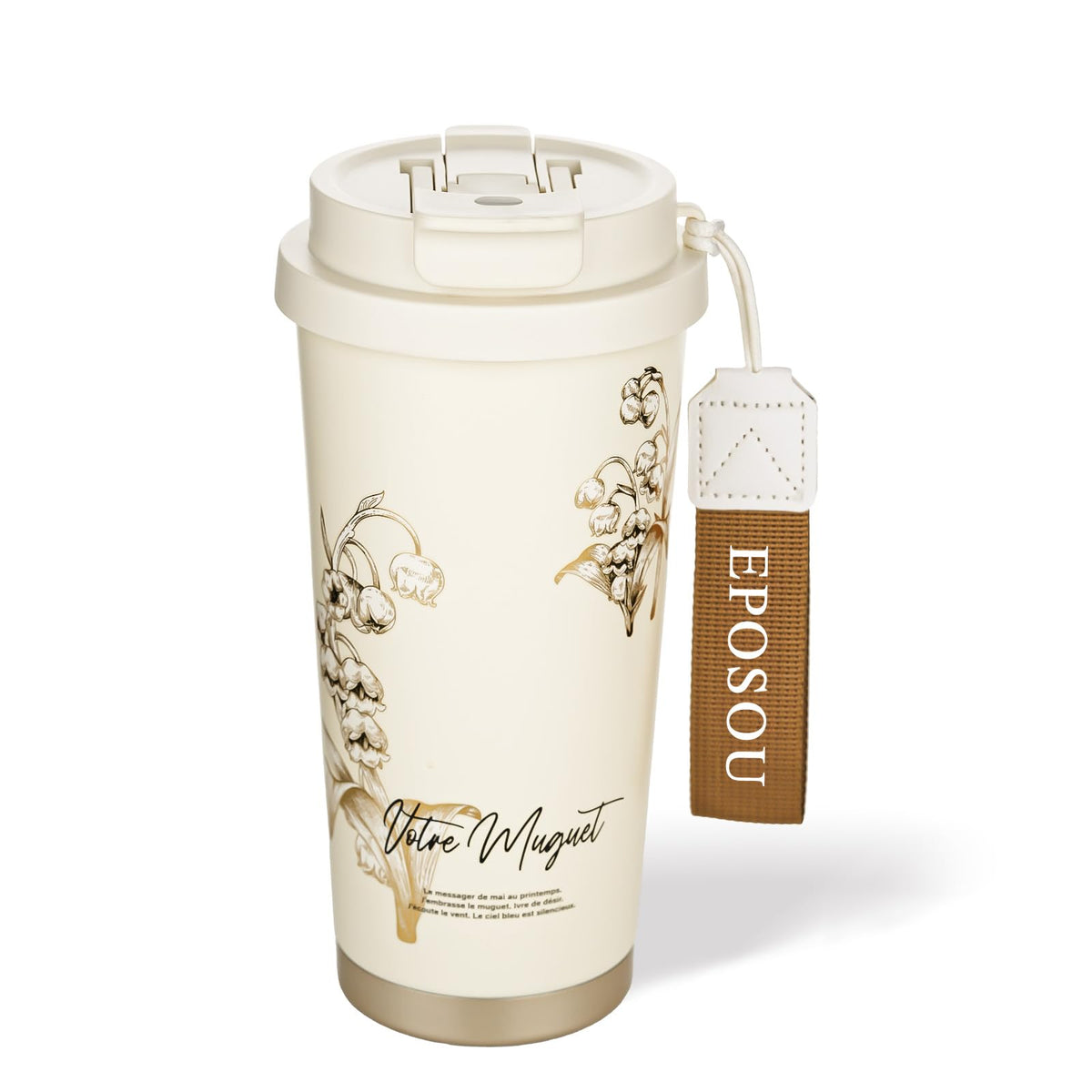 EPOSOU Creamy Lily taza de viaje con tapa abatible mantiene temperatura.
