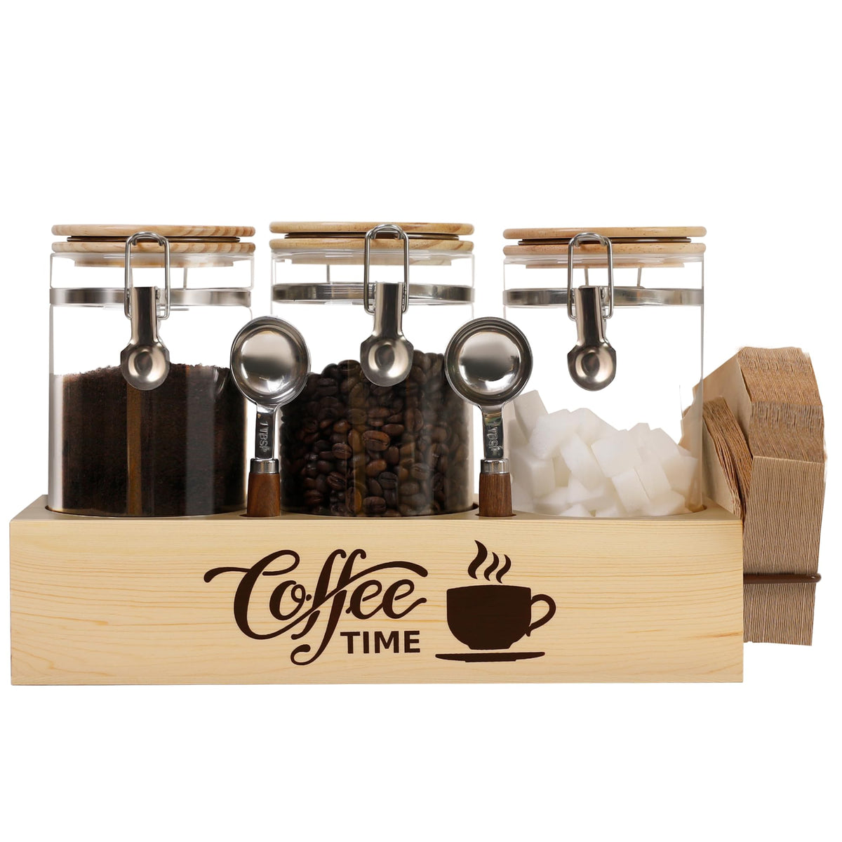 Conjunto EQEY de jarras de vidrio para café, tres piezas, almacenamiento seguro y estético.