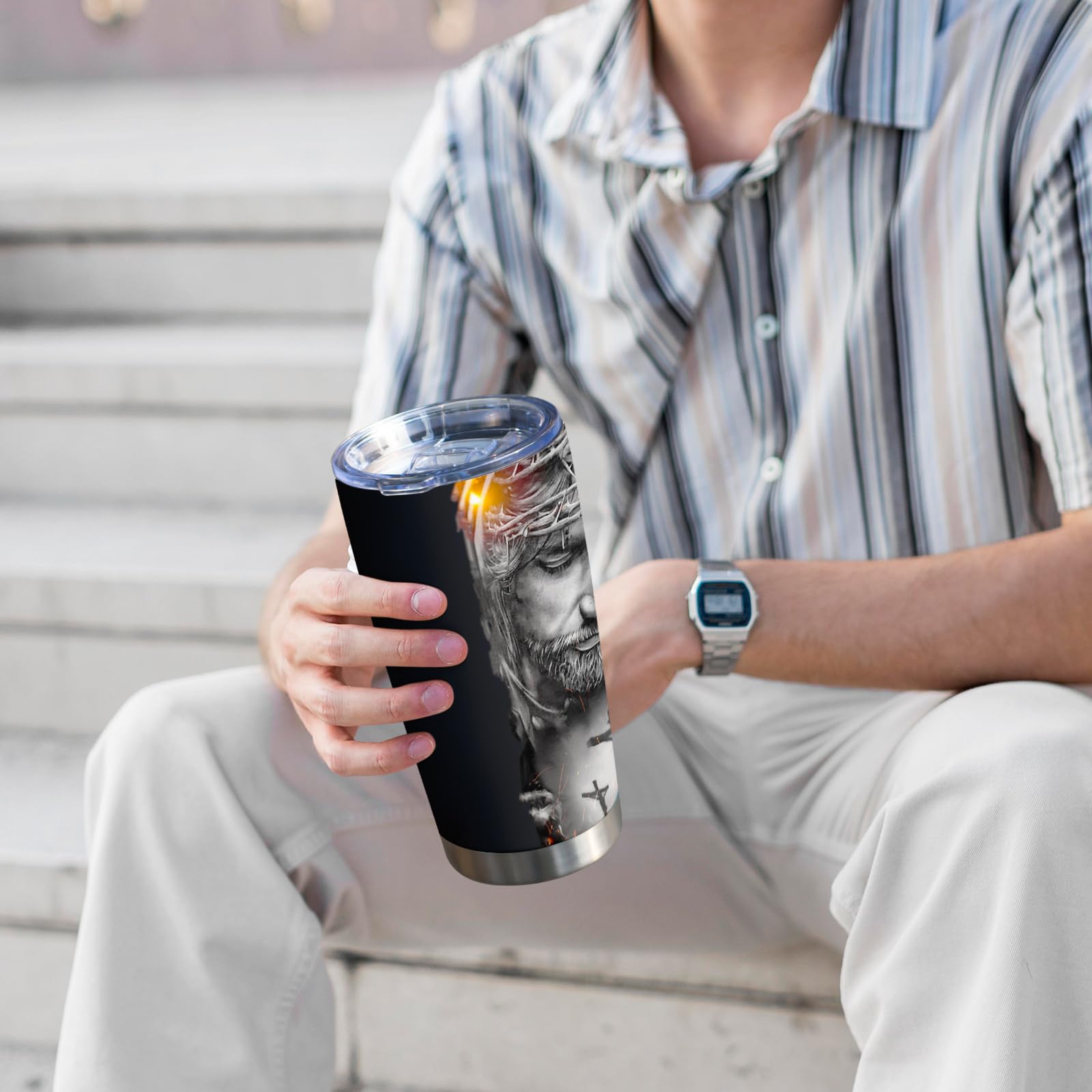Equoza vaso termo cristiano, compatible con portavasos para coche.