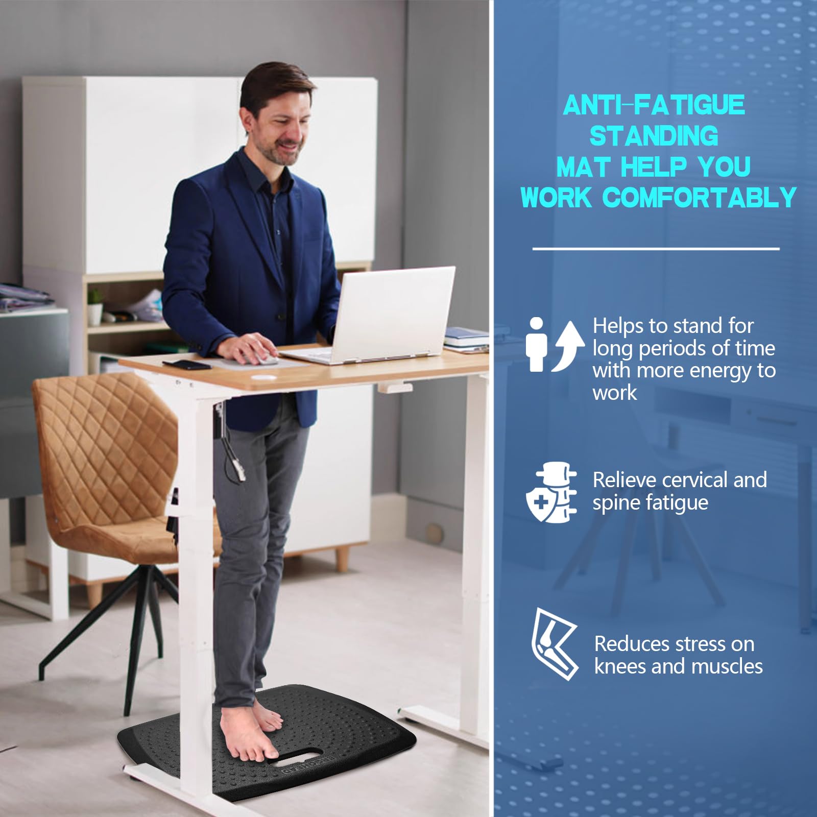 Alfombra Ergohead portátil con mango integrado para transporte entre cocinas y escritorios.