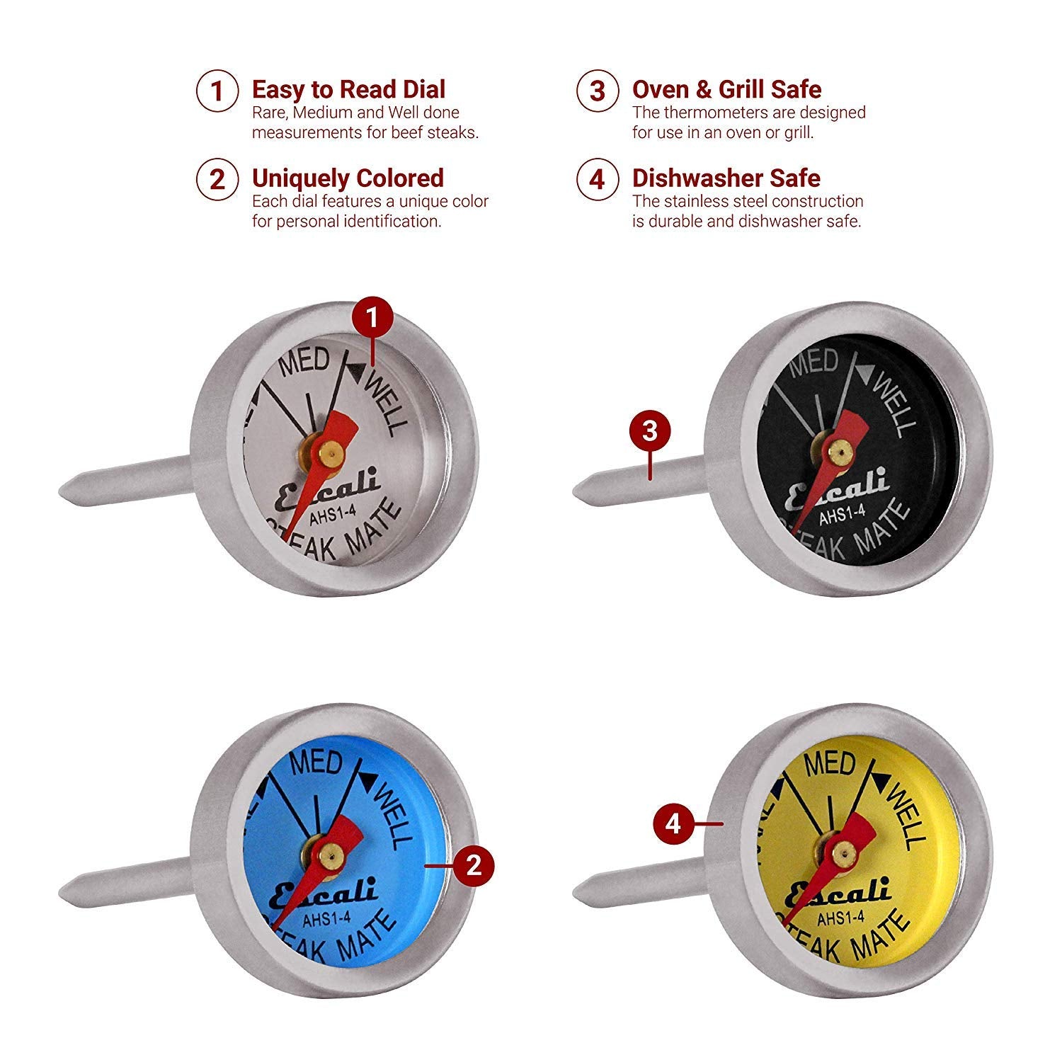 La sonda de 2,25 pulgadas de Escali AHS1-4 facilita medir jugos de la carne.