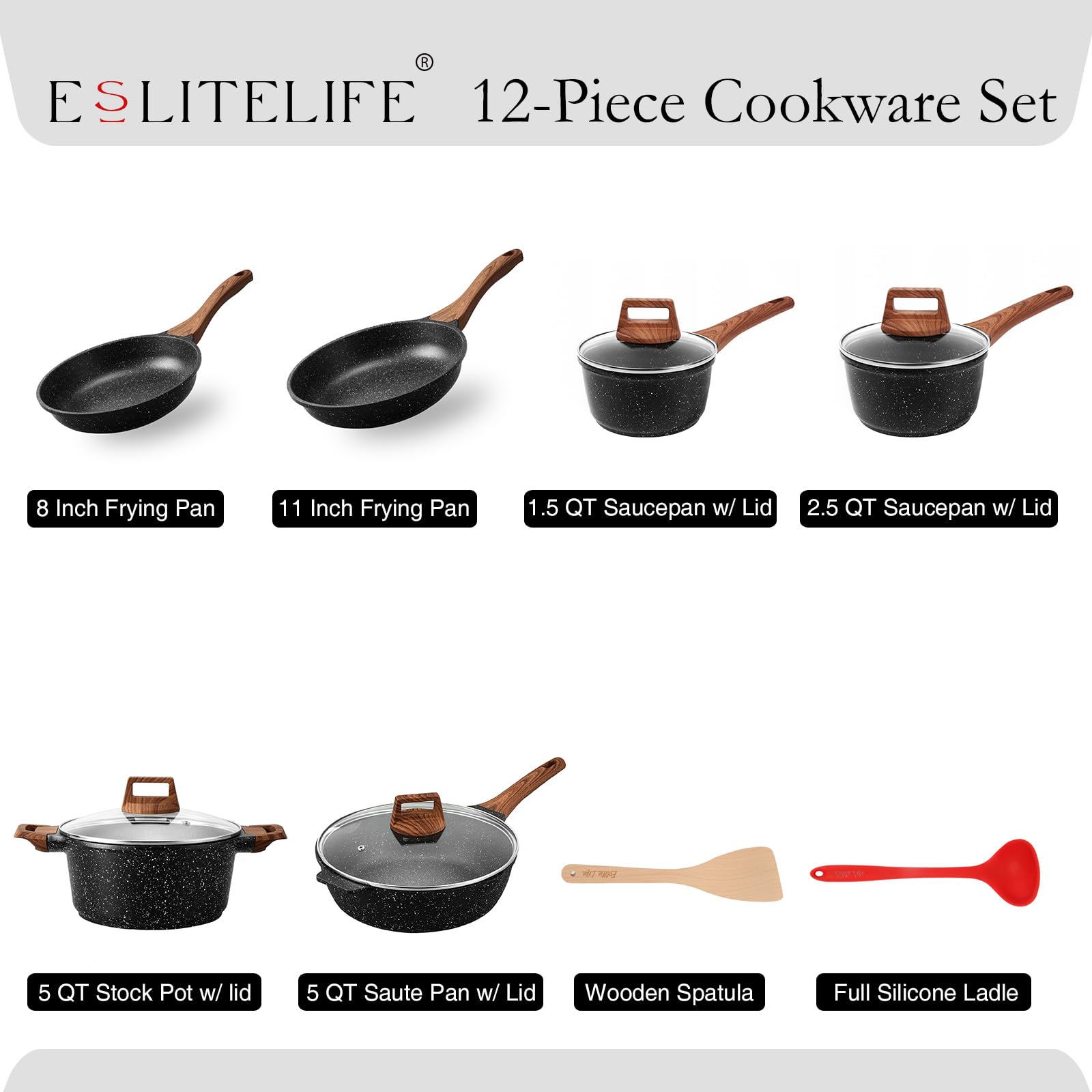 ESLITE LIFE olla 2,5 qt con tapa, calentamiento uniforme para cocción rápida