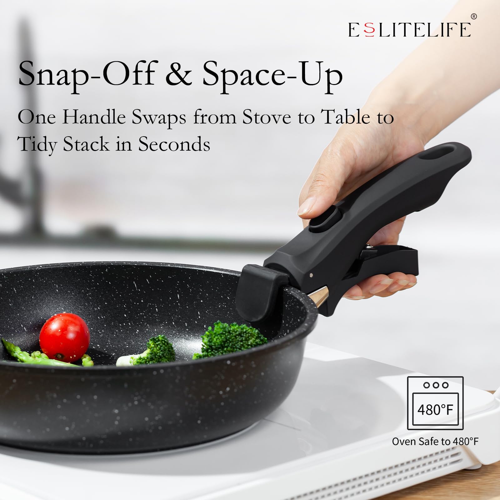 ESLITE LIFE sartén con tapas y mango desmontable facilita almacenamiento y uso.