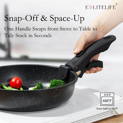 ESLITE LIFE sartén con tapas y mango desmontable facilita almacenamiento y uso.