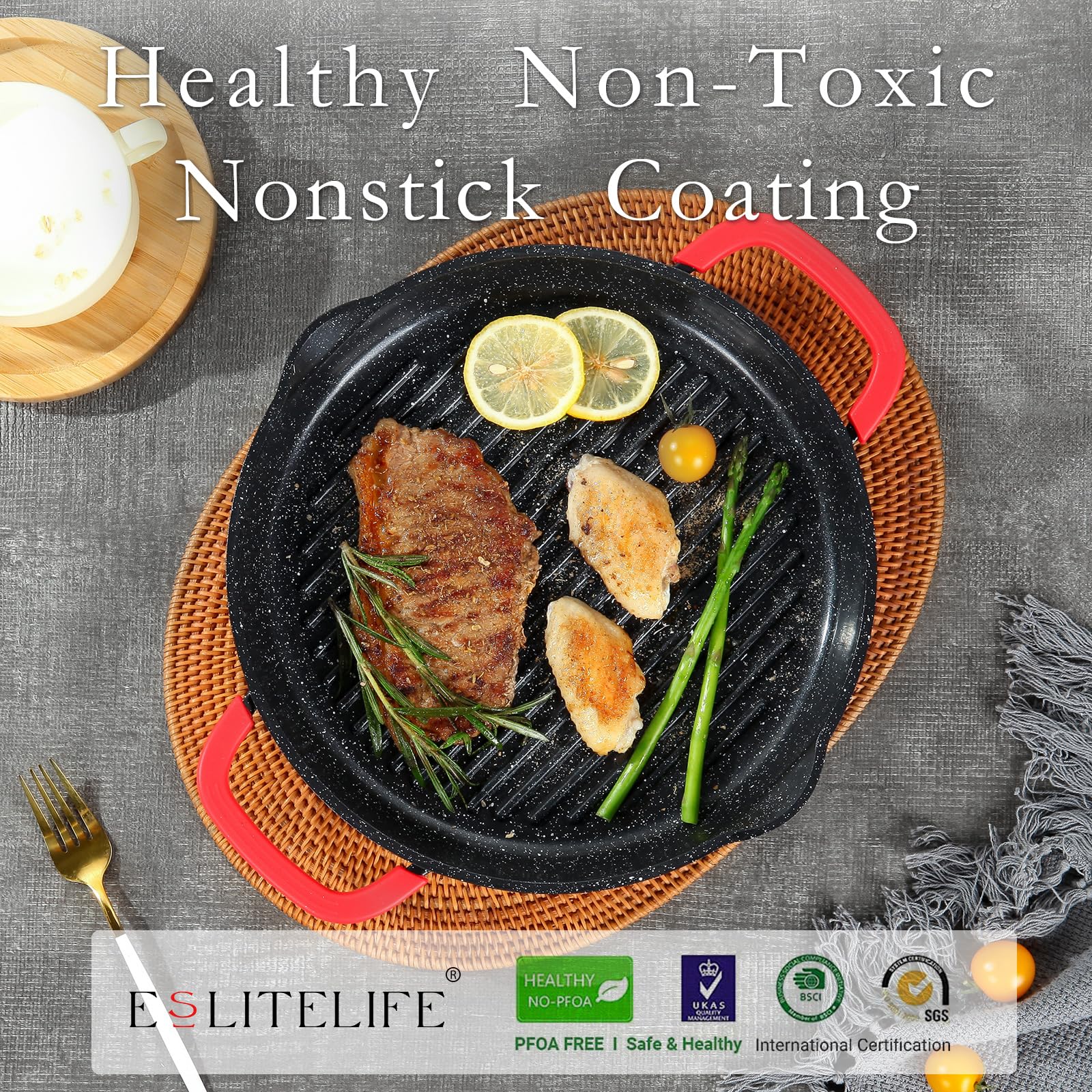 ESLITE LIFE sarten-grill-escurrido-doble: drena el aceite con facilidad.