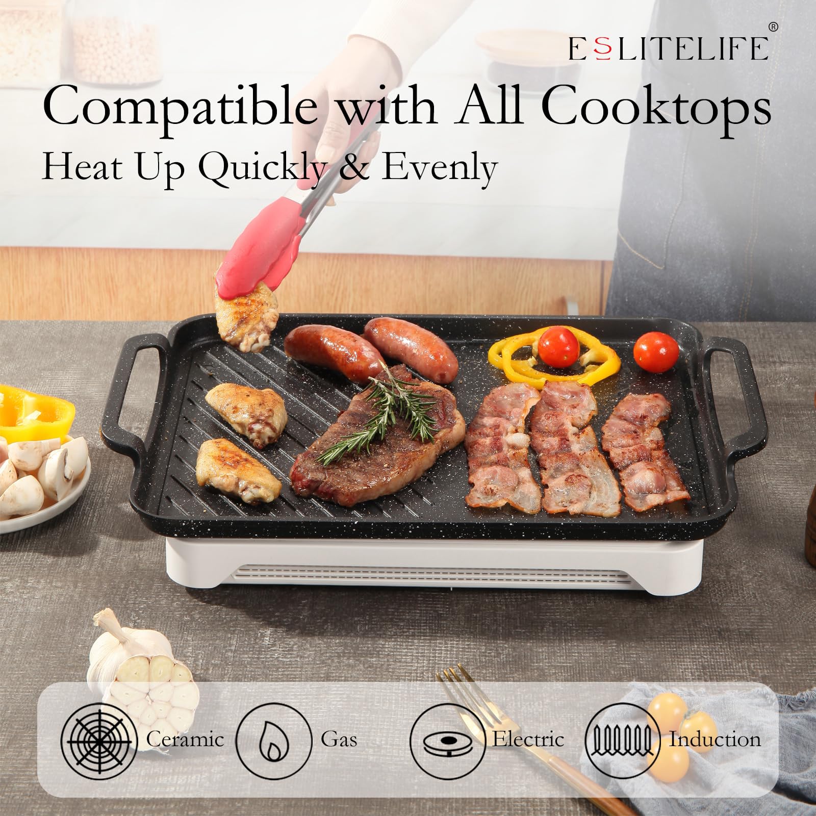 ESLITE LIFE Sarten Parrilla aleacion aluminio inyectado para calor uniforme.