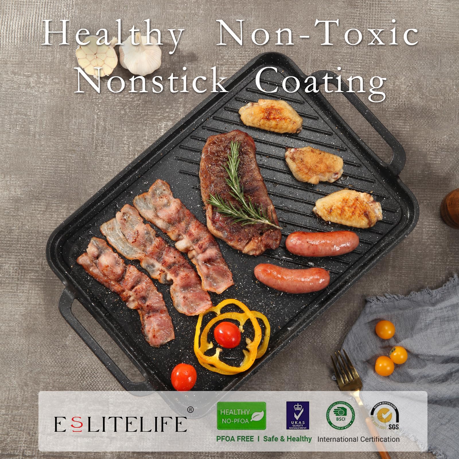 ESLITE LIFE Sarten Parrilla canaliza grasa hacia los lados para cocinar con menos aceite.