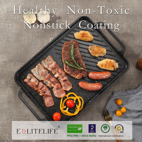 ESLITE LIFE Sarten Parrilla canaliza grasa hacia los lados para cocinar con menos aceite.