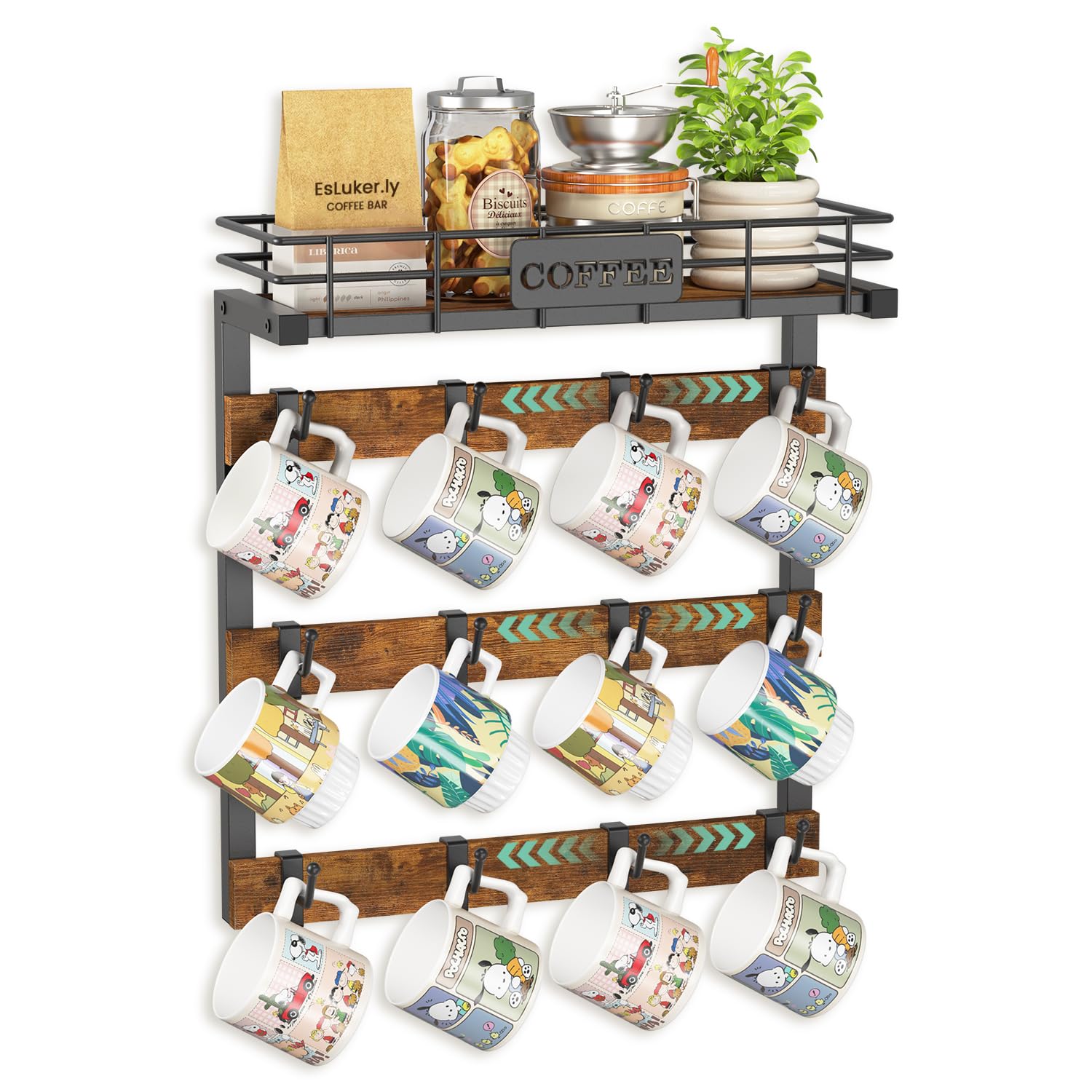 EsLuker.ly colgador-tazas mural con 12 ganchos para acceso rápido a tus tazas favoritas.