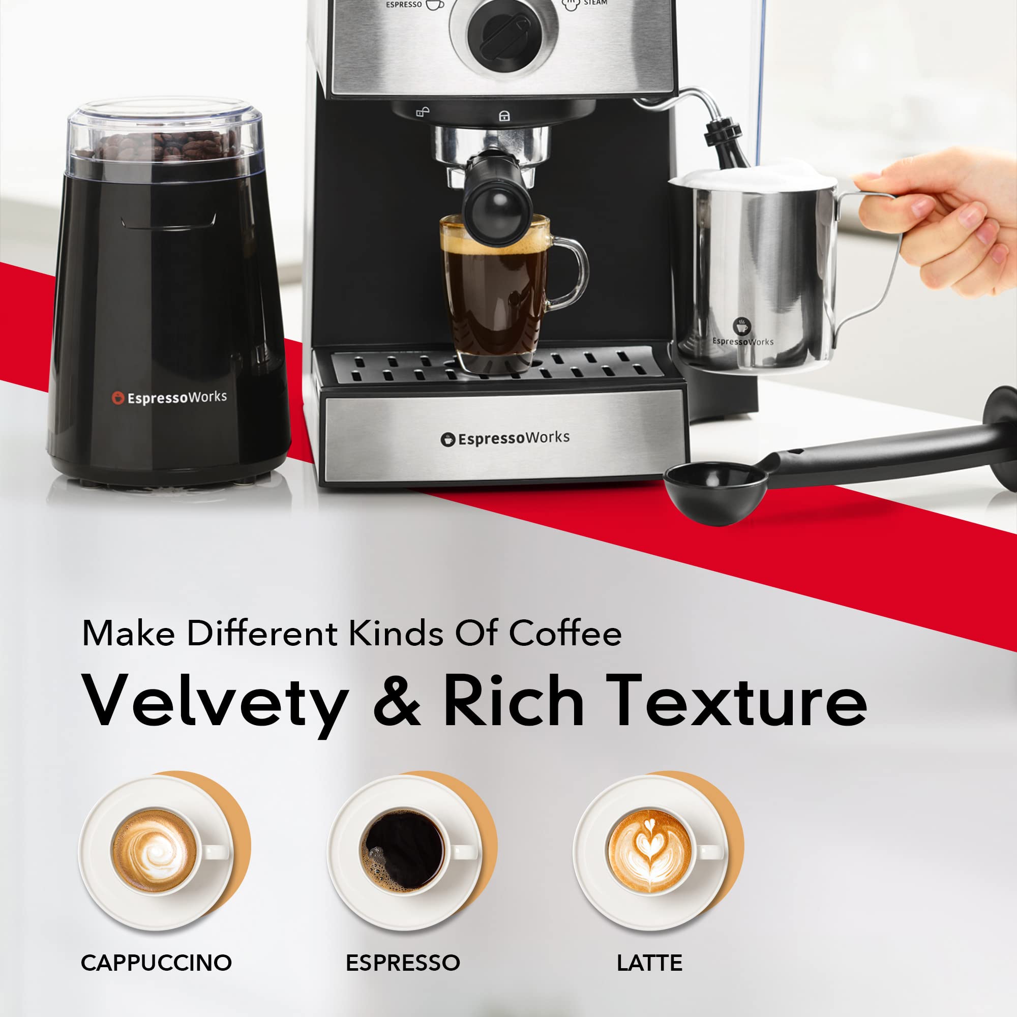 EspressoWorks cuchara y tamper incluidos para medición y uso preciso.