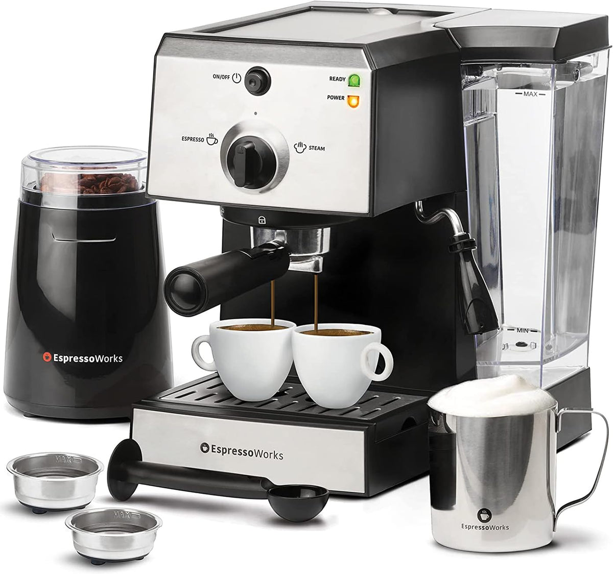 EspressoWorks máquina todo-en-uno lista para espresso rápido en casa.
