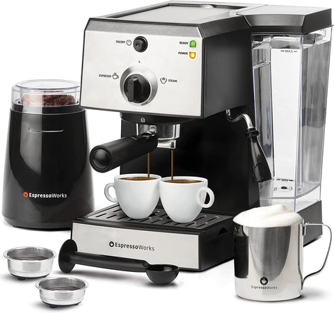 EspressoWorks máquina todo-en-uno lista para espresso rápido en casa.