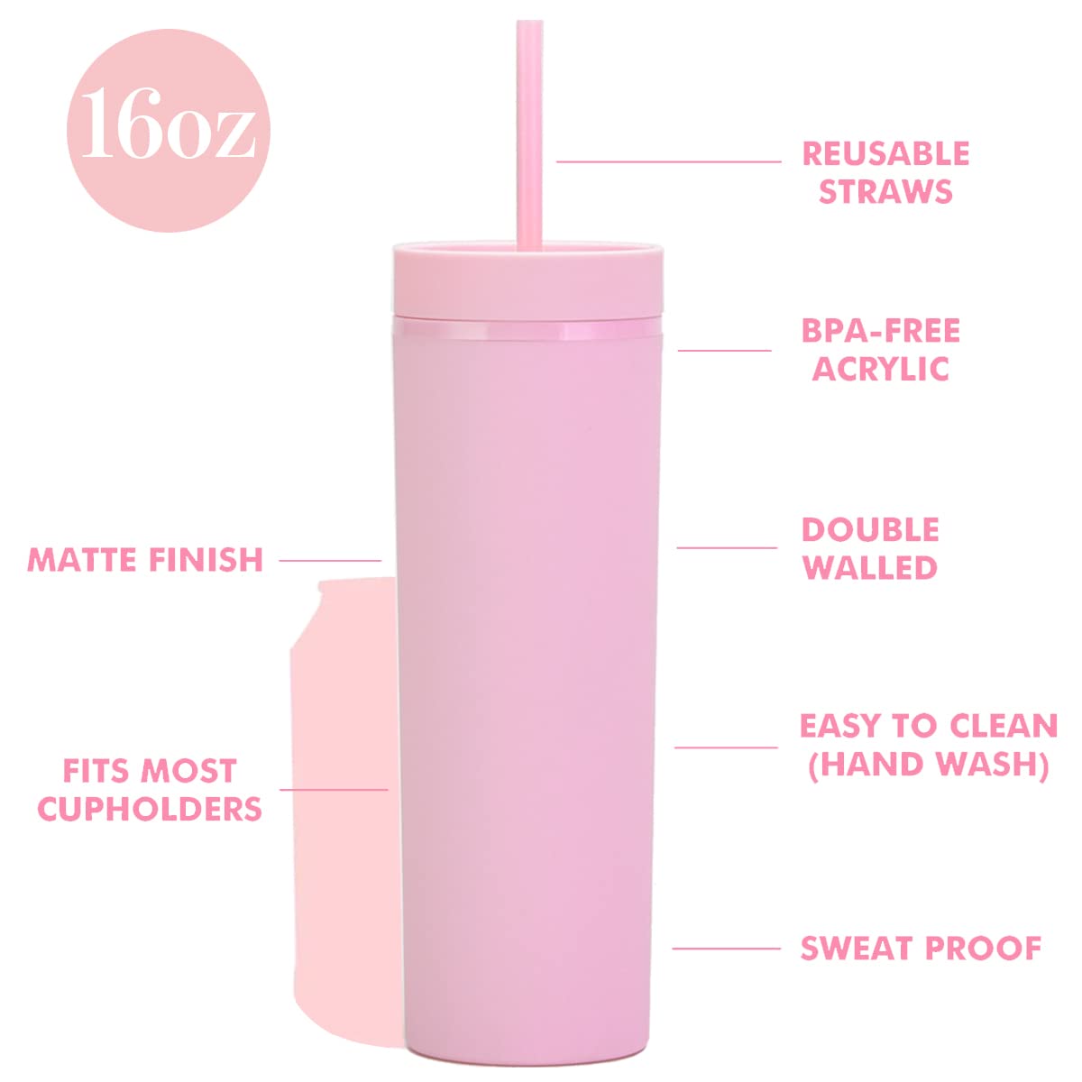 Essasea vaso skinny 16oz con pajilla, práctico para llevar batidos.