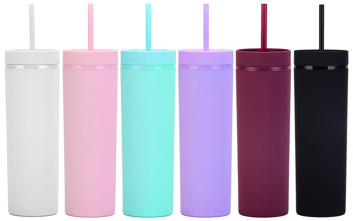 Essasea vaso skinny 16oz con tapa, ideal para bebidas frías en movimiento.