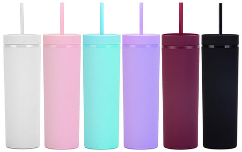 Essasea vaso skinny 16oz con tapa, ideal para bebidas frías en movimiento.