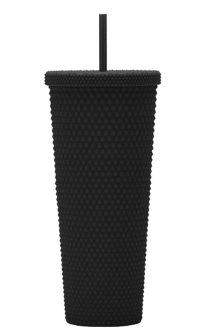 Essasea tumbler tachuelas mate negro con tapa, ideal para bebidas frías y personalización.