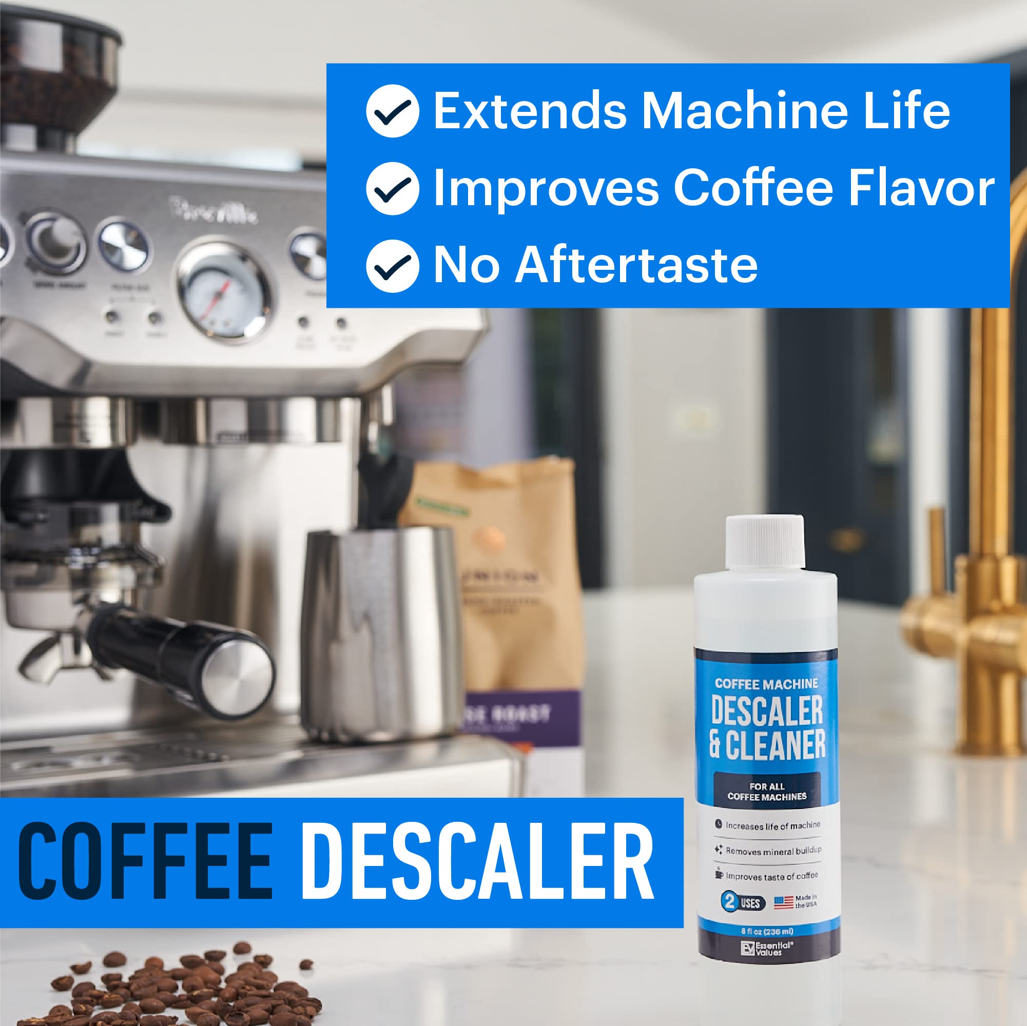 Interior de cafetera limpio con desincrustante Valores Esenciales para mejor sabor.