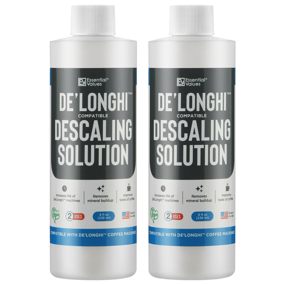 Desincrustante Essential Values De'Longhi en botella de 8 oz para limpieza profunda de cafetera