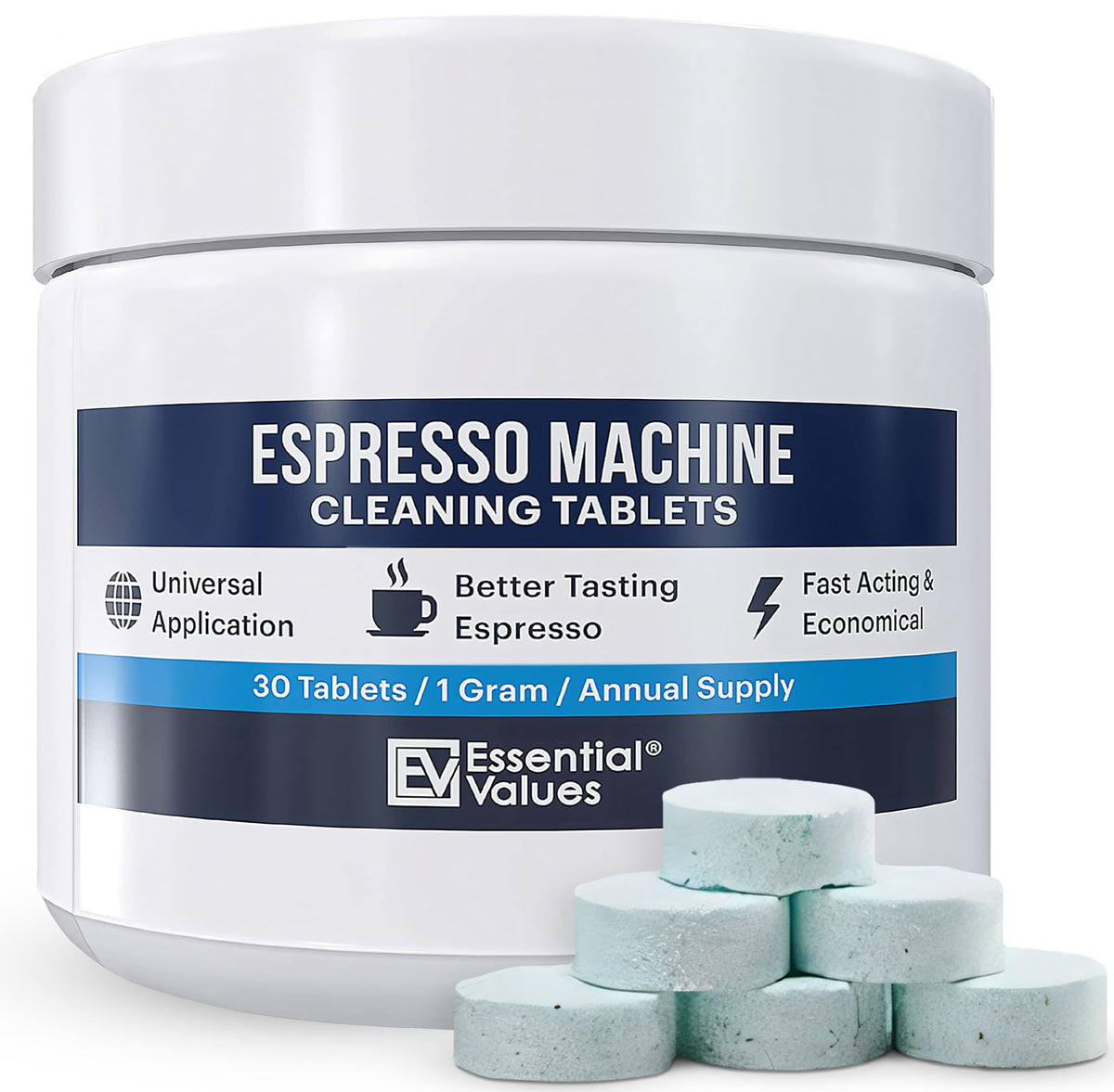 Tabletas de limpieza Essential Values para espresso 30, protegen el rendimiento.