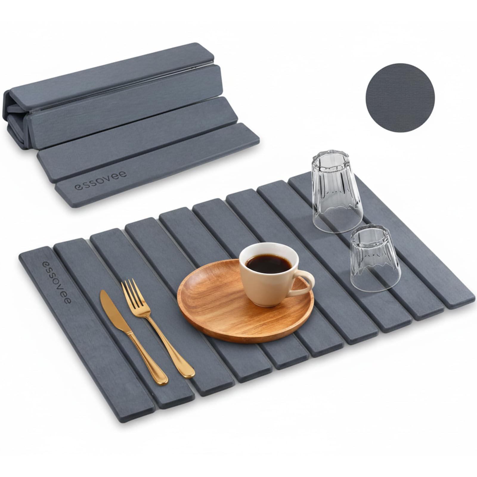 Essovee alfombrilla-secado-piedra-24x16, gris oscuro, segura para alimentos.