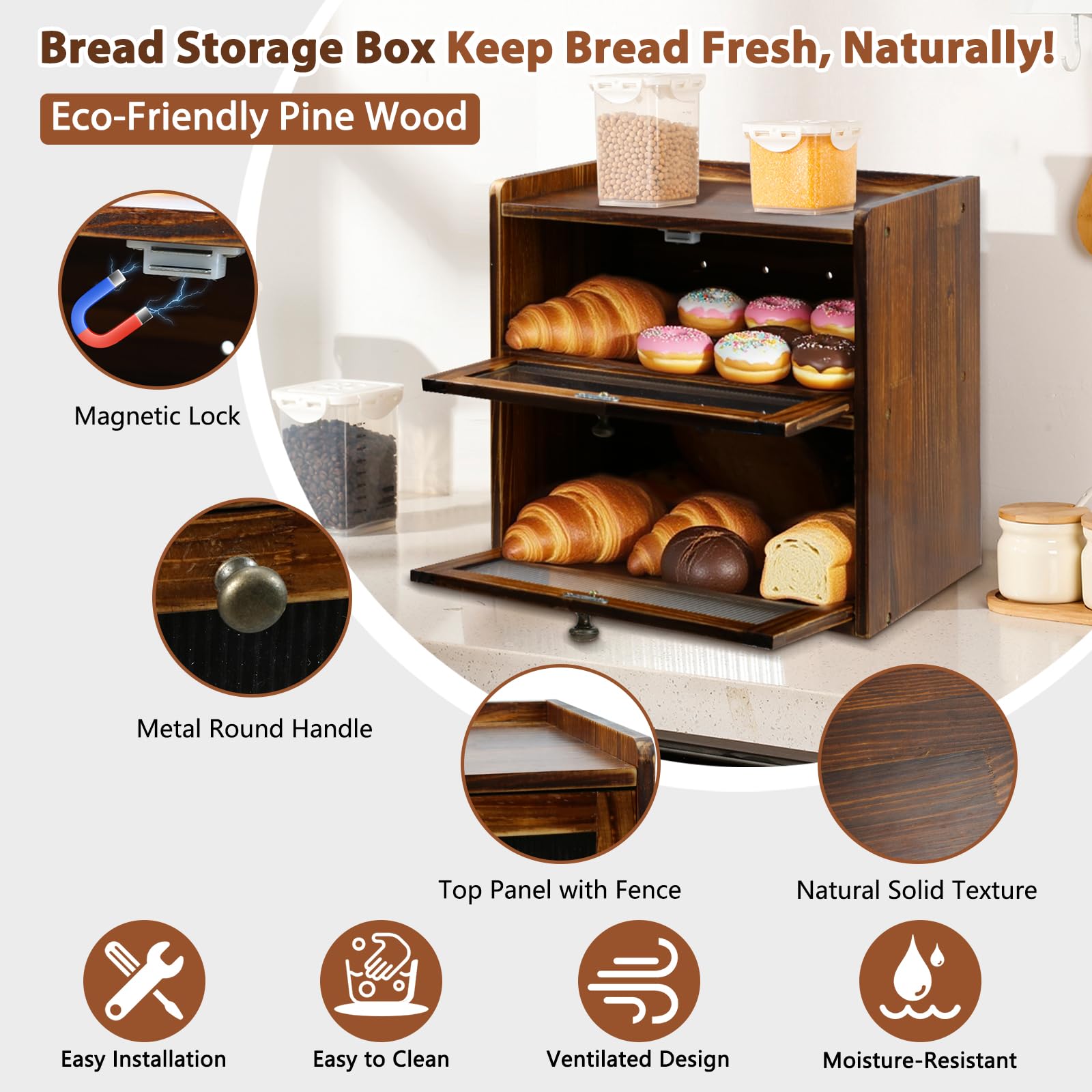 Essovee caja de pan tapa superior con espacio de almacenamiento adicional.