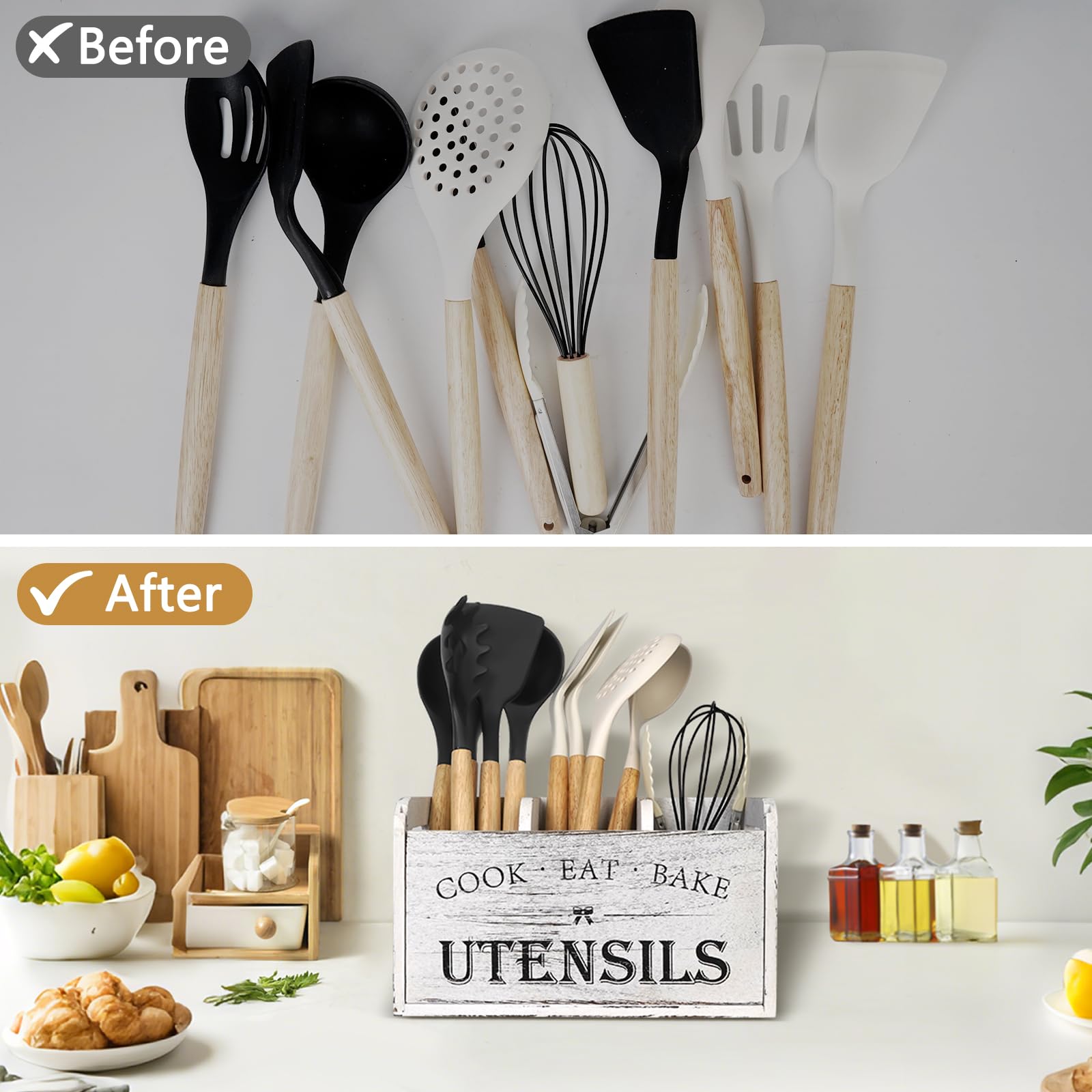 Essovee diseño rústico facilita clasificar utensilios en la cocina.