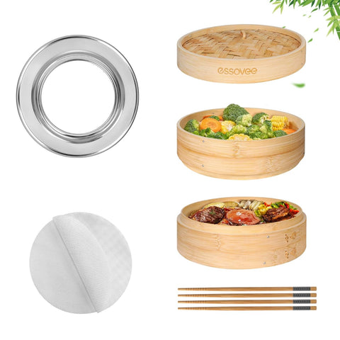 Essovee vaporera de bambú dos niveles para cocinar al vapor varios ingredientes.
