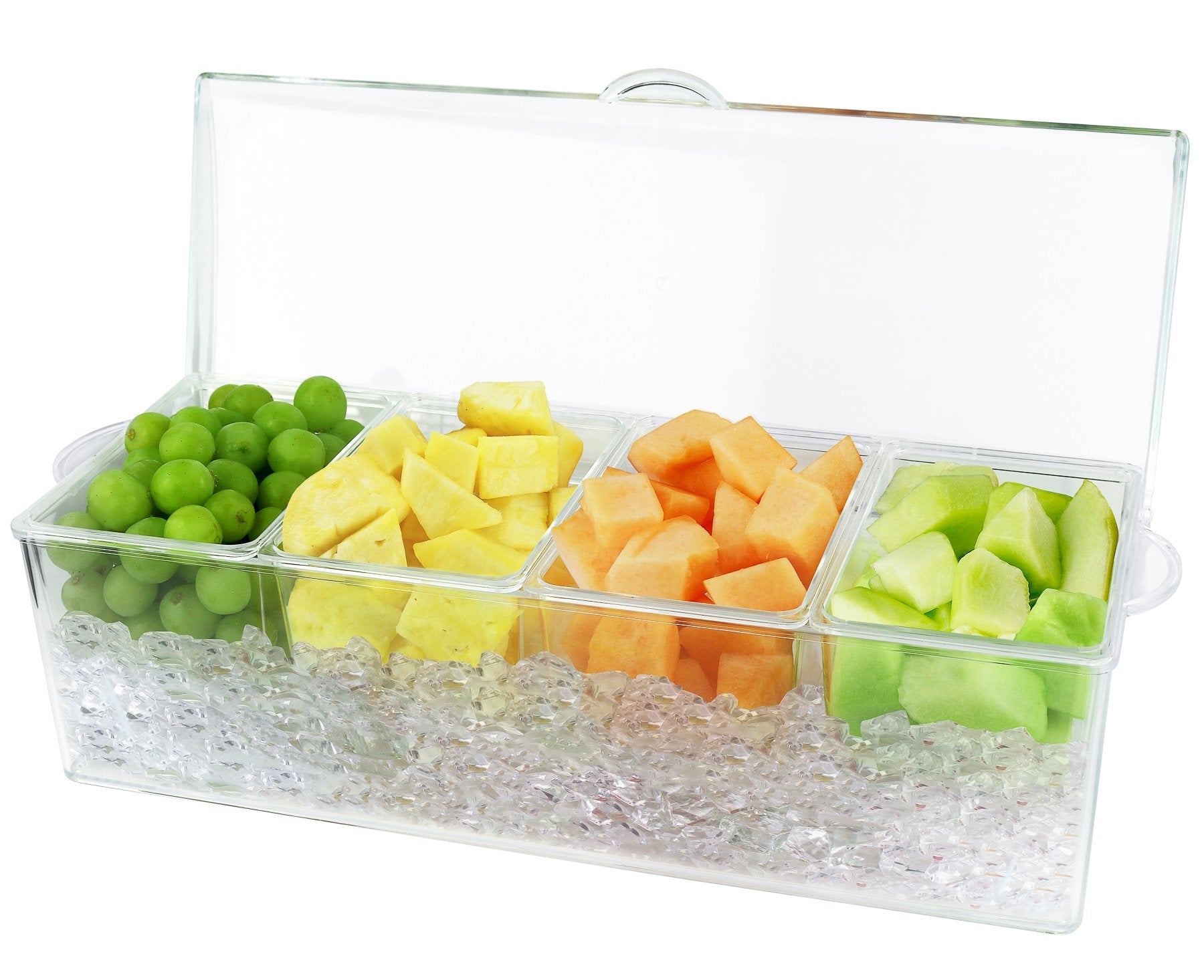 Servidor Estilo con hielo y 4 secciones para condimentos, ideal para eventos.