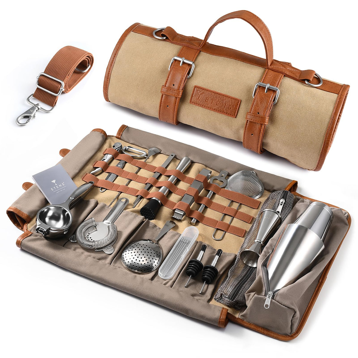 Etens conjunto de bartender de viaje con bolsa encerada para organización en ruta.
