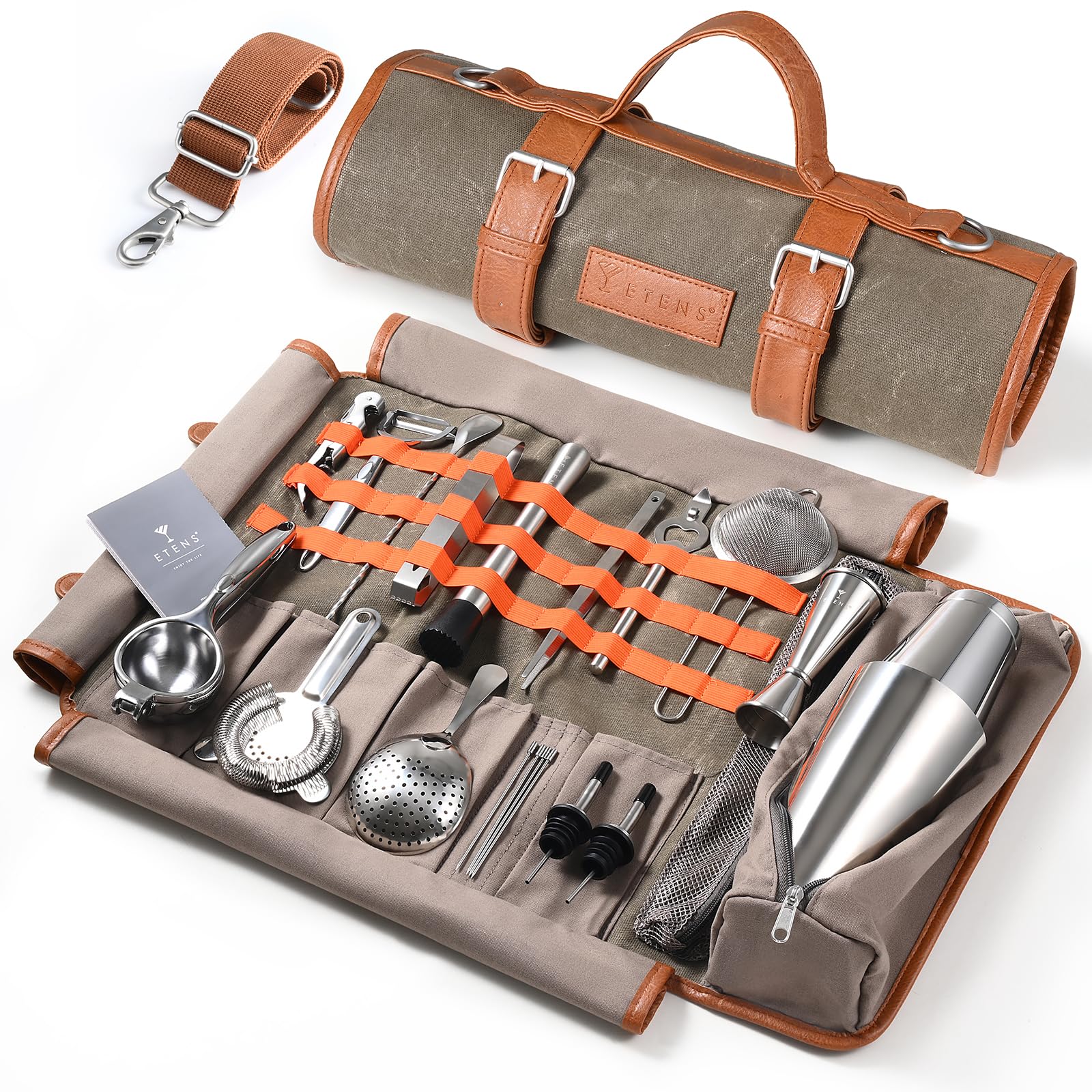 Etens kit de bartender de viaje con bolsa encerada, resistente para transportar herramientas con estilo