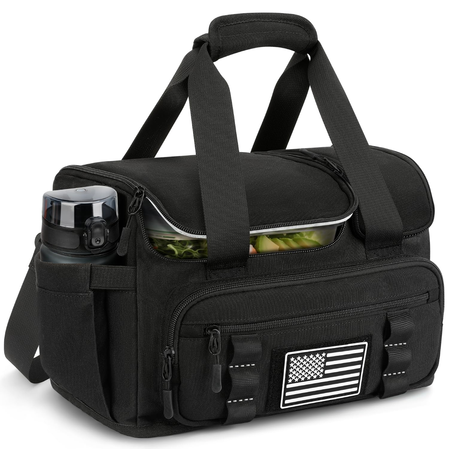 ETRONIK bolsa de almuerzo táctica 15L, vista lateral mostrando capacidad para tres comidas y snacks