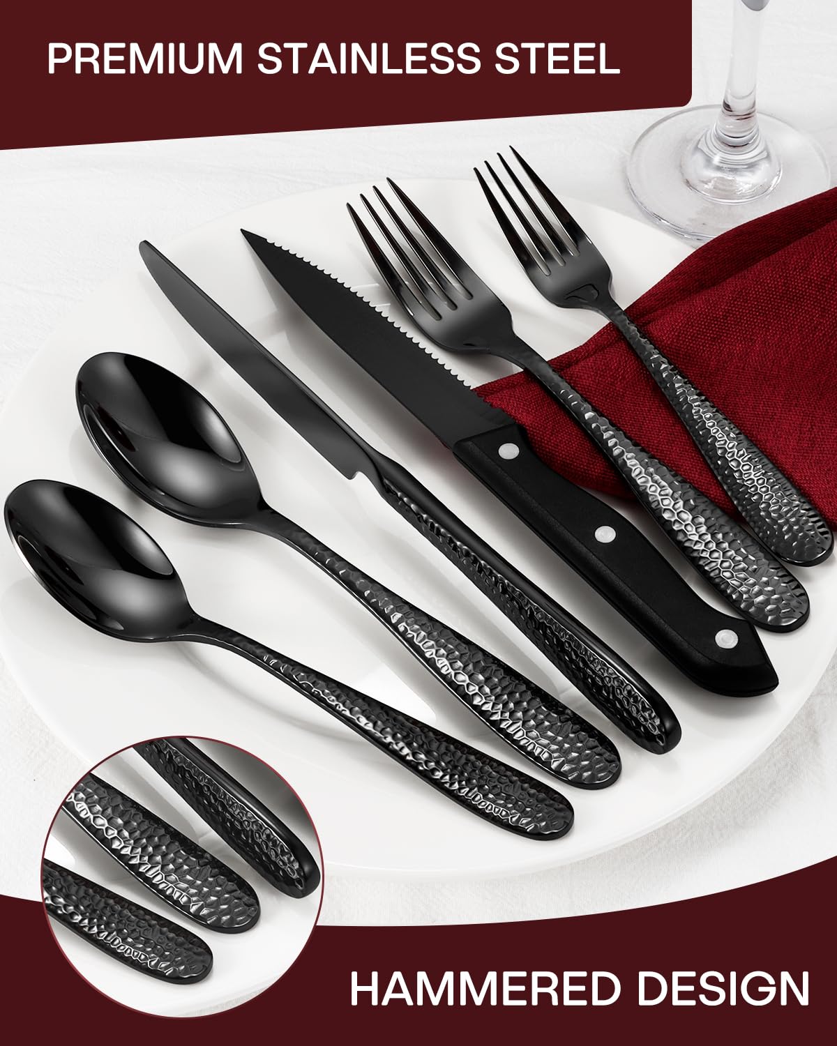 Cuchillos de cena EUIRIO negro martillado, con acabado suave para cortes precisos.